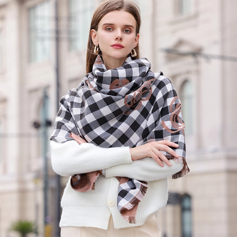 Sciarpa Invernale Imitazione Cashmere Plaid Stampa Floreale Scialle Caldo Con Nappe Morbido Moda Donna