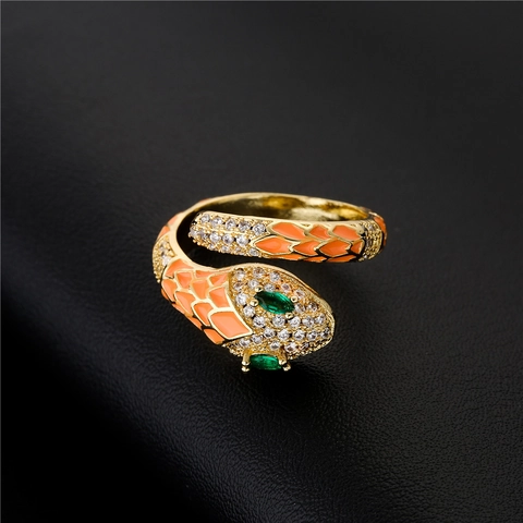 Snake Open Ring Copper Gold Plated Enamel Cubic Zirconia Adjustable Wrap Animal Jewelry For Women
