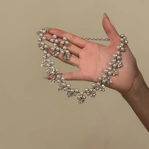 Juego De Collar Y Pendientes De Flores Con Perlas Artificiales De Imitación Y Pedrería Palacio Retro Lujo Color Plata Boda Fiesta