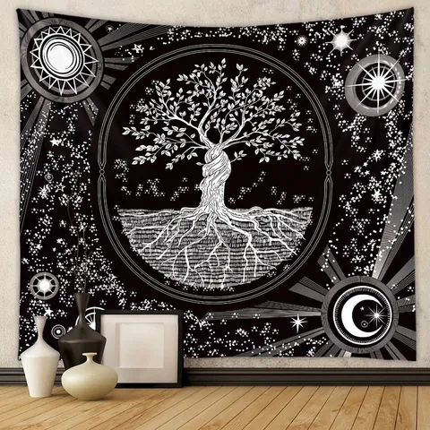 Gotische Wandtapijt Zwart Wit Schedel Levensboom Dierenriem Zon Maan Polyester Stof Hangende Decoratie Boheems