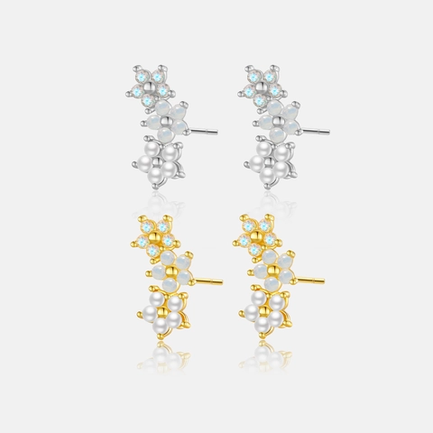 925 Sterling Silver Post Floral Stud Earrings With Rhinestone And Artificial Pearl Flower Earrings For Women Jewelry