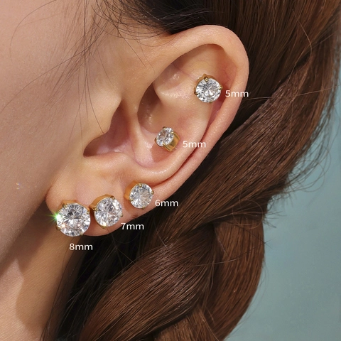 Boucles d'Oreilles Clous en Acier Inoxydable avec Zircone Rond Serti à Griffes Or Argent Plaqué Minimaliste Hypoallergénique Bijoux Femme