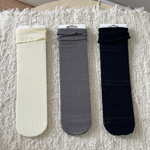 Chaussettes Mollet Dentelle Femmes Maille Ajourée Fin Respirant Style Lolita Nylon Élasthanne Rétro Élégant