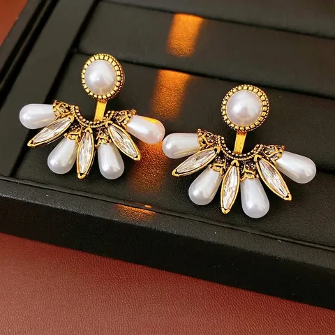 Pendientes De Perlas Artificiales En Forma De Abanico Strass Aleación Joyería Estilo Palacio Vintage Con Poste De Plata Para Mujer