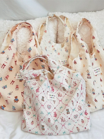Borsa Tote In Seersucker Con Stampa Orso Coniglio Kawaii Grande Capacità Stile Zakka Giapponese Borsa A Mano In Tela Per Donna