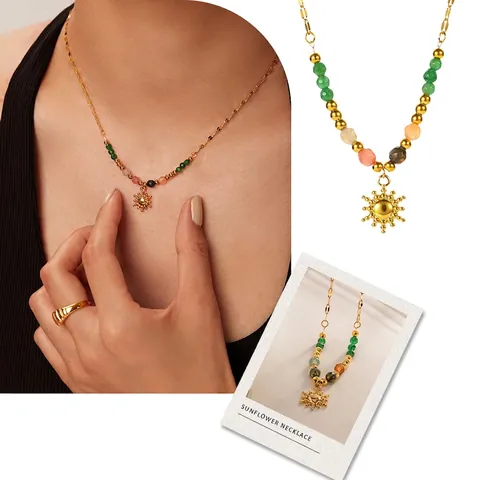 Collana Con Pendente Sole Placcata Oro Acciaio Al Titanio Perline Pietra Occhio Di Gatto Colorate Stile Retro