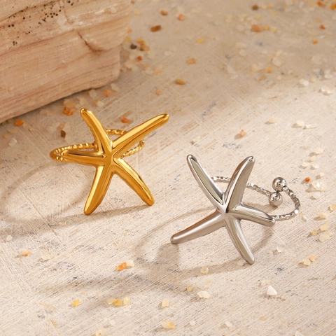 Starfish Open Ring Stainless Steel Adjustable Textured Band Ocean Beach Style Fashion Jewelry For Women