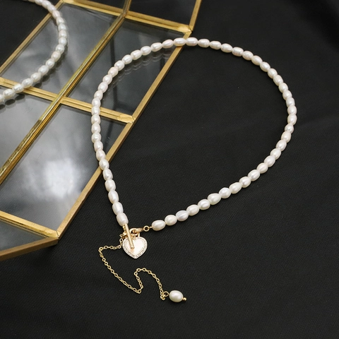 Elegant Natural Freshwater Pearl Necklace For Women 18K Gold Plated 925 Sterling Silver Heart Zirconia Pendant Toggle Clasp