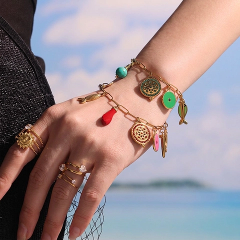 Multi Element Charm Armband Edelstahl Emaille Anhänger Böser Blick Fisch Schmetterling Sommer Strand Schmuck Für Damen