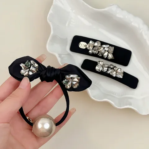 Molletta Capelli In Lega Con Strass E Fiocco In Raso Nero Con Perla Artificial Sintetica Elegante Accessori Capelli Retro Da Donna