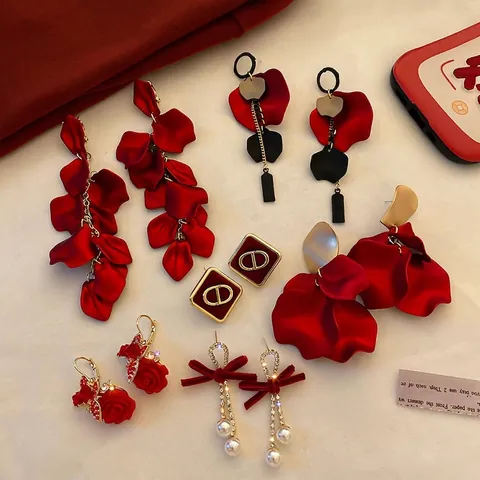 Pendientes Vintage Pétalos De Rosa Roja Con Poste De Plata Aleación Lazo Terciopelo Perla Artificial Joyas Florales Para Mujer