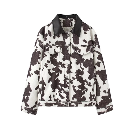 Dames Koeienprint Franje Jas Westerse Stijl Vintage Revers Lange Mouw Single Breasted Mantel Met PU Leren Kraag Top