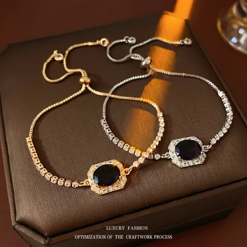 Adjustable Bracelet Copper Zircon Oval Purple Stone Tennis Chain Sliding Buckle Fashion Jewelry For Women
