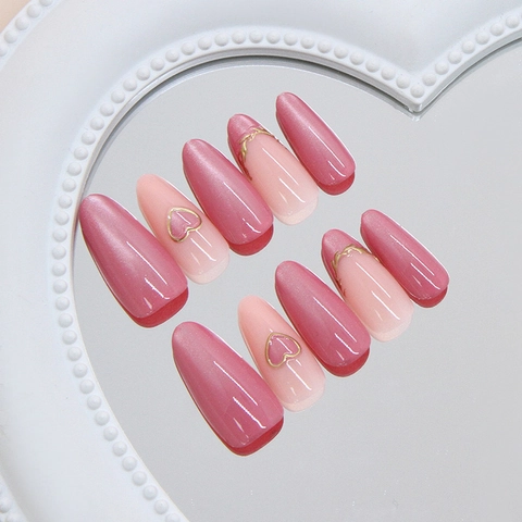 Handmade Press On Nails Almond Pink Cat Eye Gold Heart French Design Glossy ABS Artificial Fingernails For Women Elegant Manicure