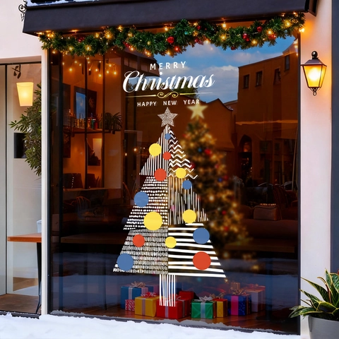 Adesivi Finestra Albero Di Natale Statici PVC Doppia Faccia Arte Geometrica Decorazione Vetro Negozio Festa Casa