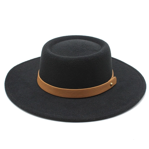 Boater Hat Flat Top Wool Felt Wide Brim Fedora With Leather Band Metal Rivet Retro Unisex Fashion Accessory