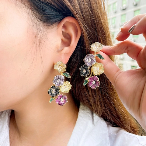 Orecchini Pendenti A Fiore In Zircone Colorato Con Perno In Argento Sterling 925 Gioielli Vintage Per Donna
