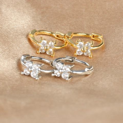 Elegant Copper Flower Stud Earrings With Silver Earring Post Electroplated Gold Silver Rhinestone Hoop Earrings For Women