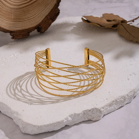 Bracciale Rigido Aperto Largo Acciaio Inossidabile Multistrato Corda Intrecciata Maglia Vuota Placcato Oro Ipoallergenico