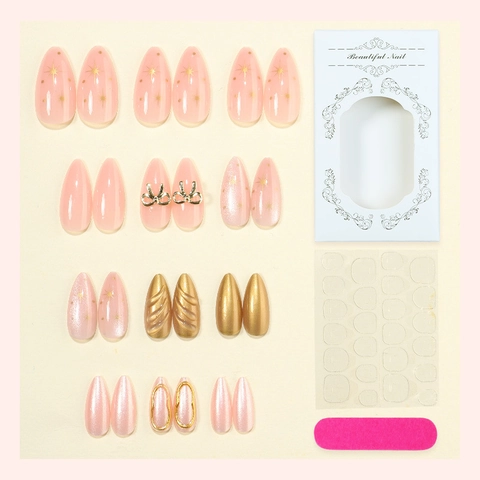 Almond Shape Press On Nails Pink And Gold Gilded Cat Eye Design Three Dimensional Bow Star Moon Patterns Elegant Manicure