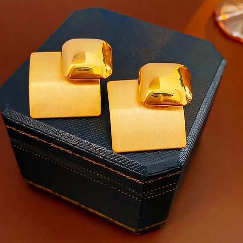 Geometric Gold Earrings Metal Square Round Textured Studs Luxury Fashion Jewelry For Women With Silver Earring Post