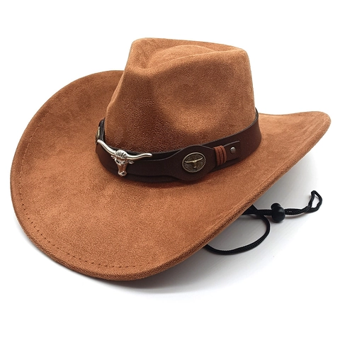 Vintage Western Cowboy Hat Faux Suede Wide Brim Sun Protection Bull Head Metal Decor Adjustable Chin Strap For Outdoor