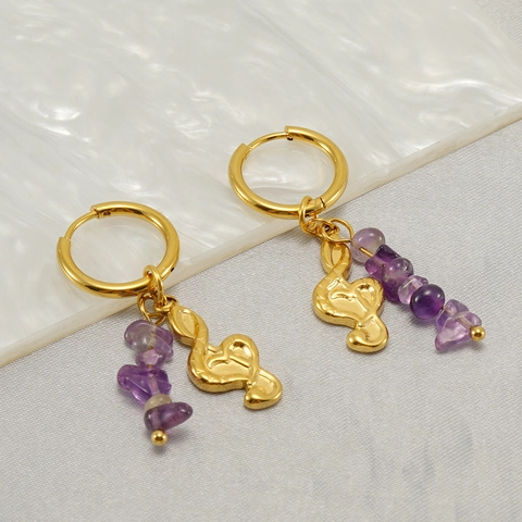 Pendientes De Nota Musical Clave De Sol Con Piedra Natural Morada Acero Inoxidable Chapado En Oro De 18K Para Mujer