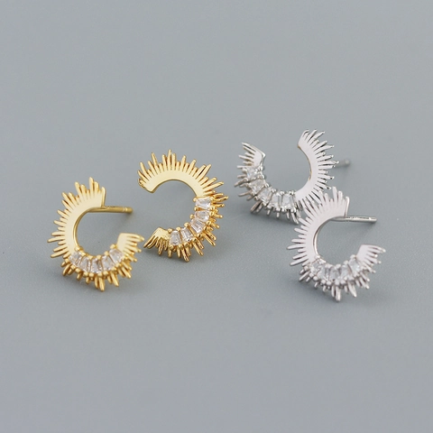 925 Sterling Silver Stud Earrings C Shape Sunburst With Inlaid Baguette Zircon Minimalist Jewelry For Women