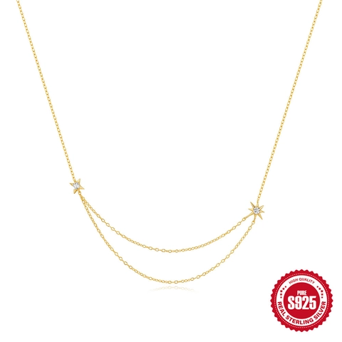 925 Sterling Silver Double Layer Star Necklace Gold Plated Sparkling Zircon Pendant Clavicle Chain For Women