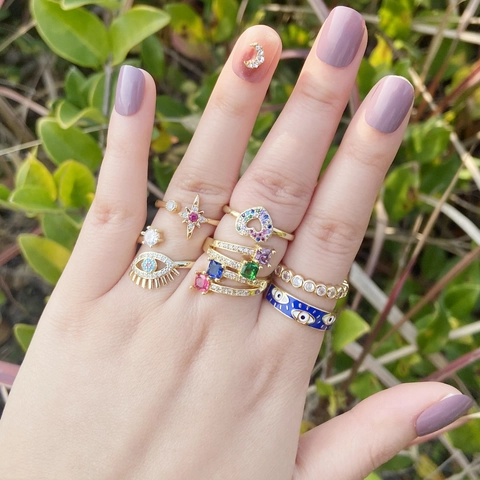 Böser Blick Herz Stern Verstellbare Ringe Kupfer Mikro Eingelegt Zirkon Emaille Gold Vergoldet Modeschmuck Für Frauen