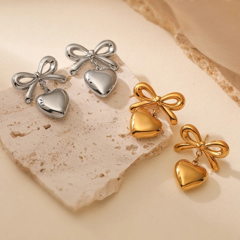 Pendientes Colgantes Corazón Lazo Acero Inoxidable Dulce Moderno Joyería De Metal Pulido Para Mujeres Elegante Accesorio