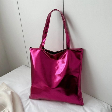 Metallic Shiny PU Leather Tote Bag Large Capacity Minimalist Commuter Shoulder Handbag Soft Glossy Mirror Surface