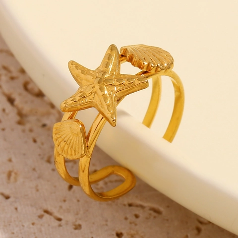 Starfish And Shell Open Ring 18K Gold Plated Stainless Steel Adjustable Summer Beach Jewelry For Women