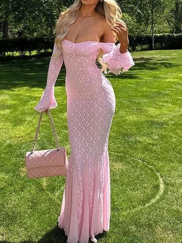 Off Shoulder Lace Maxi Dress Flare Long Sleeve Mermaid Fish Tail Slim Fit Y2K Sexy Banquet Women Pink