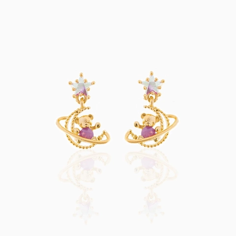 Orecchini Pendenti Orso Stella Luna Pianeta Ottone Placcato Oro 18K Con Perno In Argento 925 Zircone