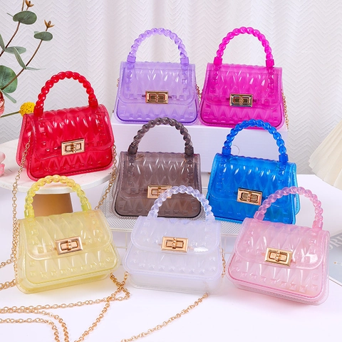 Mini Jelly Bag PVC Transparent Diamond Texture Metal Chain Twist Lock Braided Handle Crossbody Handbag For Women