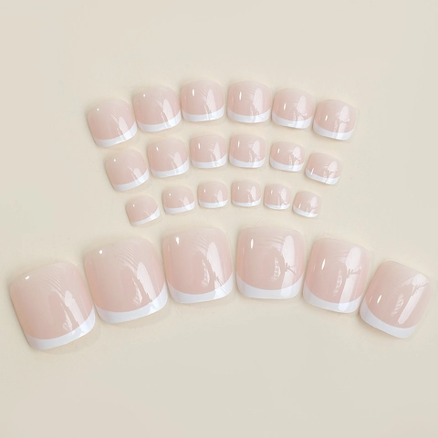 Unghie Finte Piedi Press On Stile Francese Nudo Bianco Lucido Minimalista Copertura Completa Per Donne
