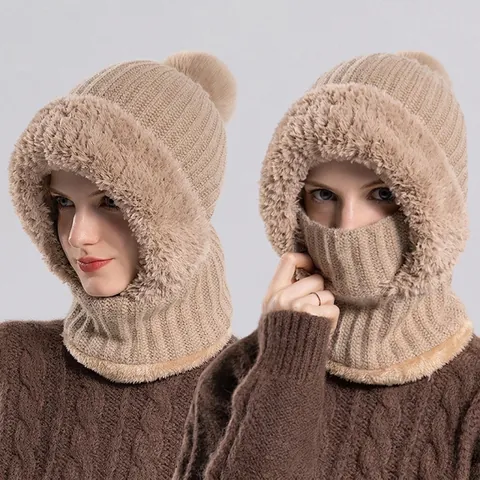 Passamontagna In Maglia Invernale Da Donna Con Fodera In Pelliccia Sintetica Cappello Antivento Caldo Sciarpa Con Cappuccio E Pompon