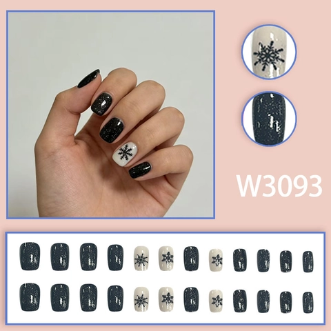 Winter Snowflake Press On Nails Glitter Black White Christmas Theme Glossy Square False Nails For Women