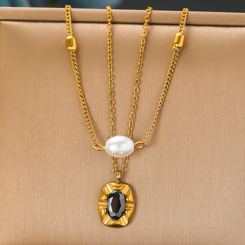 Double Layer Necklace Stainless Steel With Artificial Pearl And Black Gemstone Oval Geometric Pendant Vintage Jewelry For Women