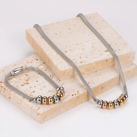 304 Stainless Steel Mesh Chain Necklace And Bracelet Jewelry With Tricolor Beads Magnetic Clasp Elegant For Women