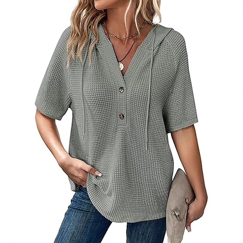 Top Con Cappuccio Donna Maglia A Nido D'Ape Manica Corta Scollo A V Bottoni Felpa Estiva Casual Coulisse Camicie Leggere