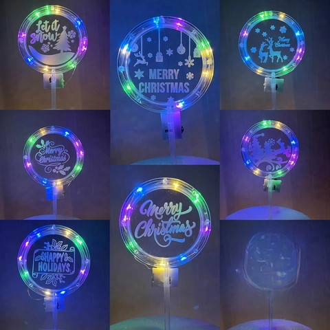 LED Luminous Cake Topper Acrylic Glowing Christmas Round Decoration Happy New Year Party Supplies