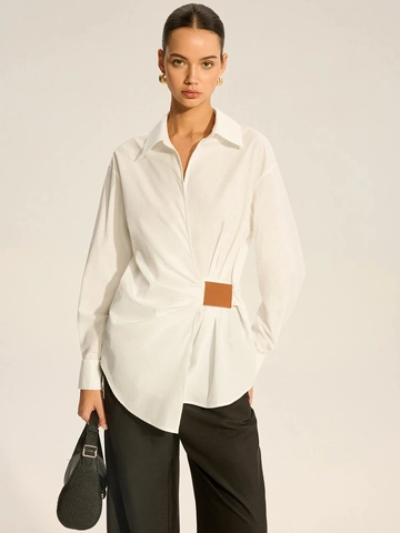 Dames Witte Blouse Met Lange Mouwen Met Leren Patchwork Geplooide Taille Asymmetrisch Overhemd Met Revers Elegant Topje