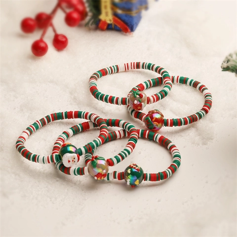 Christmas Polymer Clay Beaded Bracelet With Alloy Santa Claus Snowman Enameled Pendant Red Green White Holiday Jewelry For Women