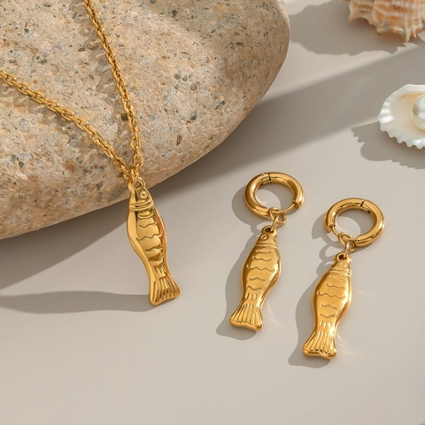 Lucky Fish Pendant Necklace And Hoop Earrings 18K Gold Plated Stainless Steel Minimalist Waterproof Jewelry For Women