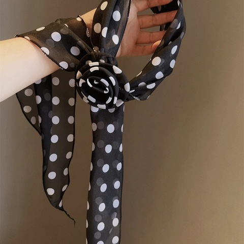 Retro Polka Dot Chiffon Flower Scarf Necklace Fashion Elegant Handmade Fabric Sweater Chain For Women Decorative Neckwear