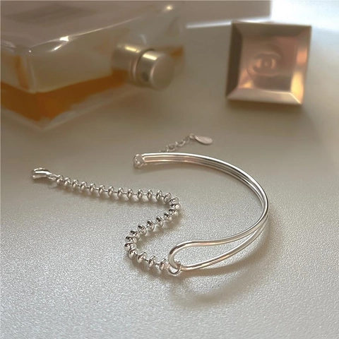 Bracciale Rigido Con Catena A Sfere In Argento Sterling 925 Da Donna Geometrico Doppia Linea Minimalista Elegante Ciondolo A Cuore Regolabile