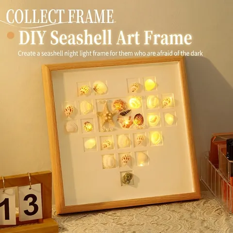 DIY Schelp Kunst Fotolijst LED Nachtlampje Hartvorm Natuurlijke Schelp Shadow Box Tafel Decoratie Cadeau