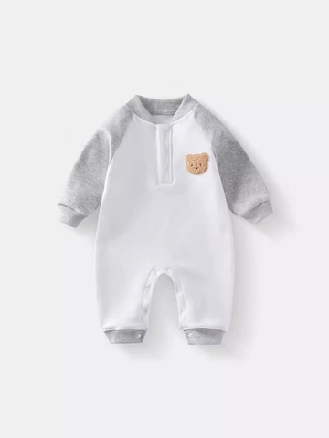 Pagliaccetti Neonato Cotone Foderato In Pile Manica Lunga Colore Contrasto Patch Orsetto Body Bottoni A Pressione